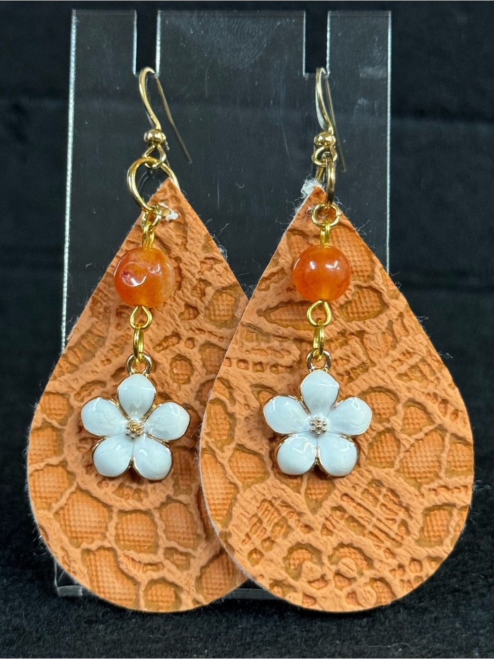 Orange Teardrop Faux Leather Earrings with White Flower Charm